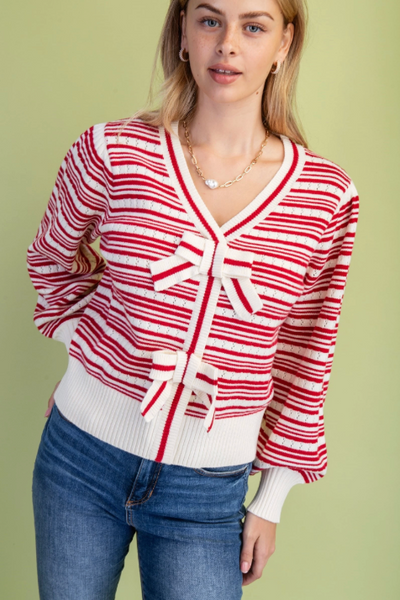 GiGiO Bow Detail Striped V-Neck Sweater - Red