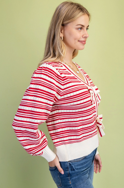 GiGiO Bow Detail Striped V-Neck Sweater - Red