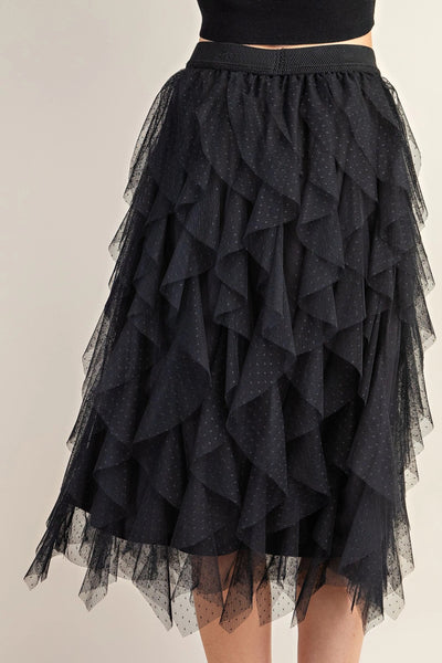 GiGiO Ruffled Tulle Midi Skirt - Black