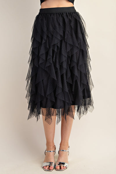 GiGiO Ruffled Tulle Midi Skirt - Black