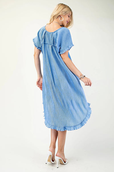 GiGiO Short Sleeve Crinkle Texture Hi/Low Dress - Blue