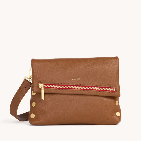 Hammitt VIP Medium Clutch - Mahogany Pebble/Brushed Gold/Red Zip