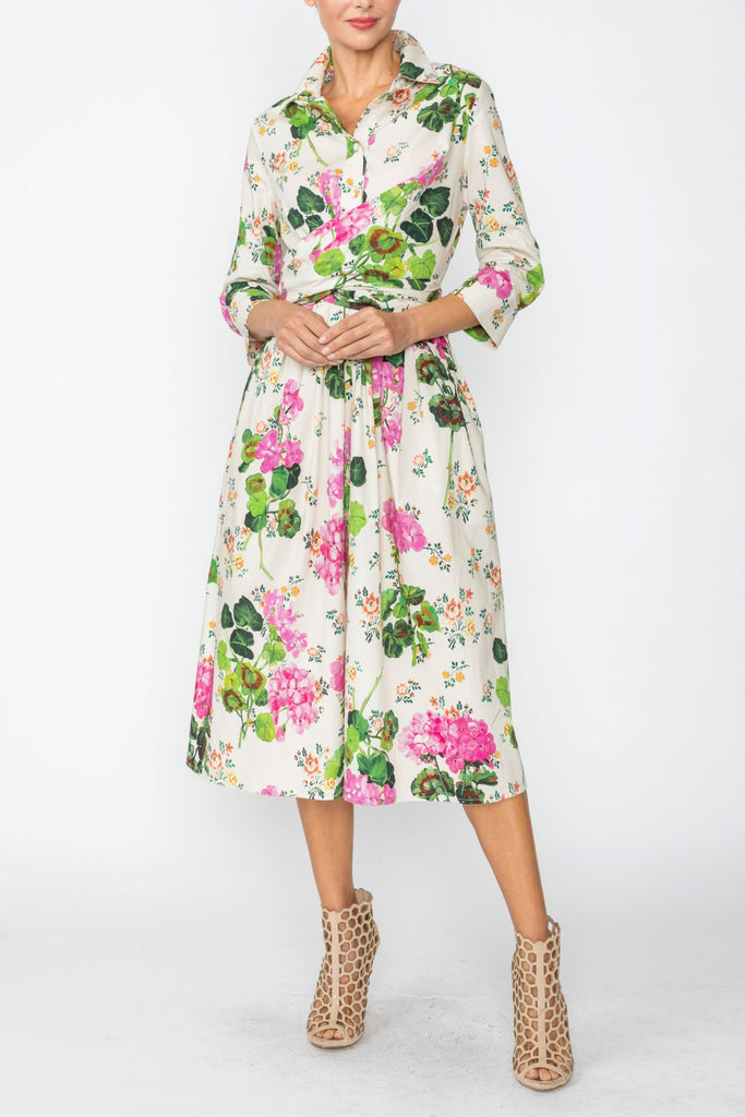 IC Collection Floral Tie Waist Midi Dress - Multicolor