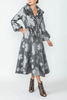 Image of IC Collection Blouson Cuff Button Front Floral Print Long Jacket - Charcoal