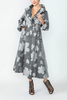 Image of IC Collection Blouson Cuff Button Front Floral Print Long Jacket - Charcoal