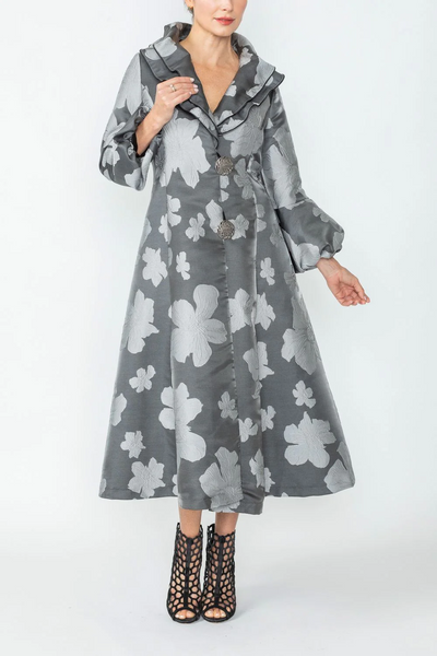 IC Collection Blouson Cuff Button Front Floral Print Long Jacket - Charcoal