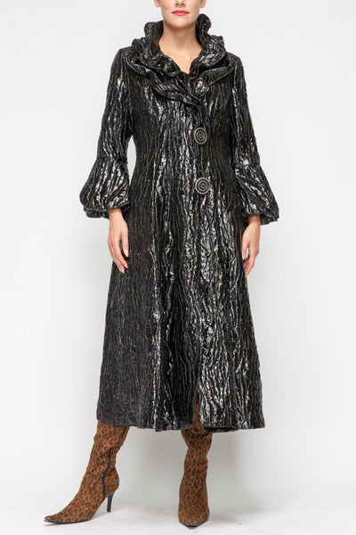 IC Collection Double Wire Collar Blouson Cuff Long Foil Jacket - Black