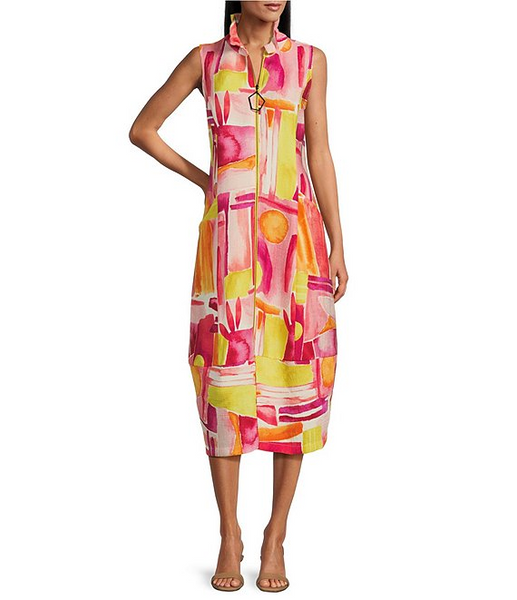 IC Collection Abstract Geometric Print Zip Front Sleeveless Bubble Dress - Pink/Multicolor