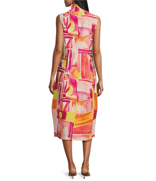 IC Collection Abstract Geometric Print Zip Front Sleeveless Bubble Dress - Pink/Multicolor