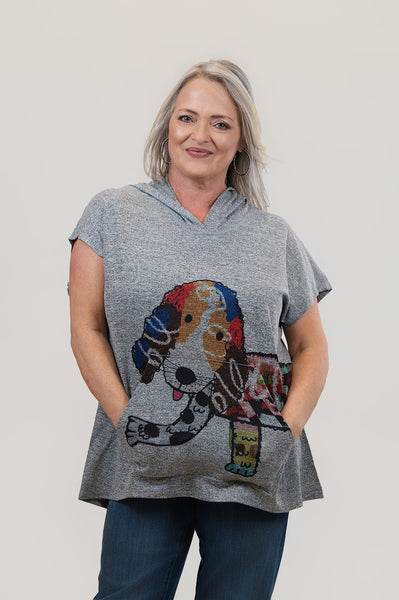 Inoah Fifi Fluff Wraparound Print Short Sleeve Hoodie Top- Grey/Multicolor