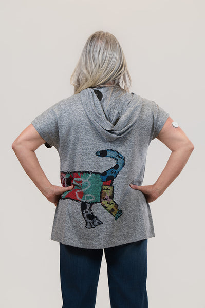 Inoah Fifi Fluff Wraparound Print Short Sleeve Hoodie Top- Grey/Multicolor