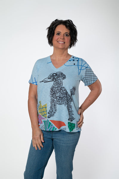 Inoah Fiona Poodle Print Short Sleeve Tee - Light Blue/Multicolor
