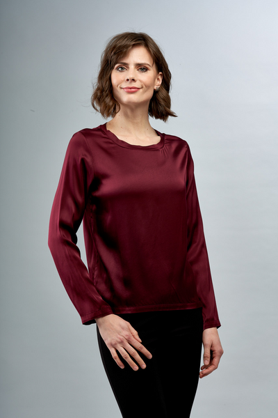 Insight New York Round Neck Long Sleeve Satin Top - Bordeaux