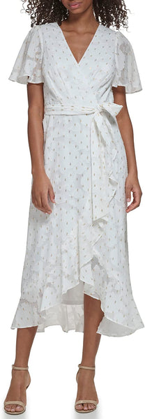 Jessica Howard Clip Chiffon Metallic Print Faux Wrap Midi Dress - White