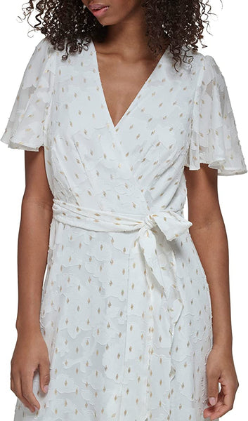 Jessica Howard Clip Chiffon Metallic Print Faux Wrap Midi Dress - White