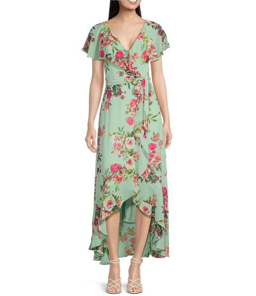 Jessica Howard Flutter Sleeve Faux Wrap Floral Chiffon Midi Dress - Mint Combo