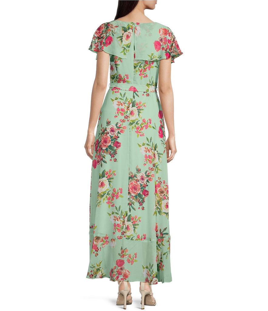 Jessica Howard Flutter Sleeve Faux Wrap Floral Chiffon Midi Dress - Mint Combo