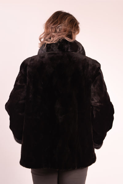 Rippe's Furs Reversible Diamond Sheared Mink Fur Jacket with Long Hair Full Skin Mink Fur Trim - Black