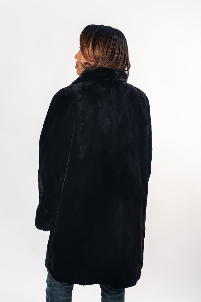 Rippe's Furs Reversible Diamond Sheared Mink Fur Stroller with Long Hair Full Skin Mink Fur Trim - Black