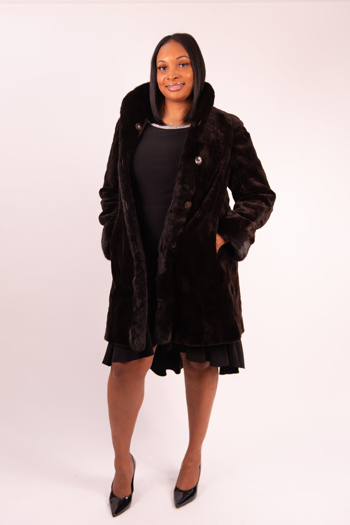 Rippe's Furs Reversible Diamond Sheared Mink Fur Stroller with Long Hair Full Skin Mink Fur Trim - Brown
