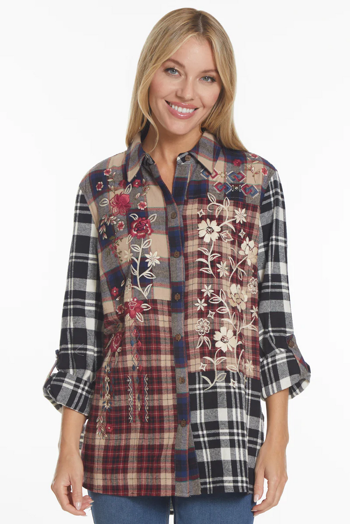 John Mark Embroidered Patchwork Button Blouse - Plaid Multi