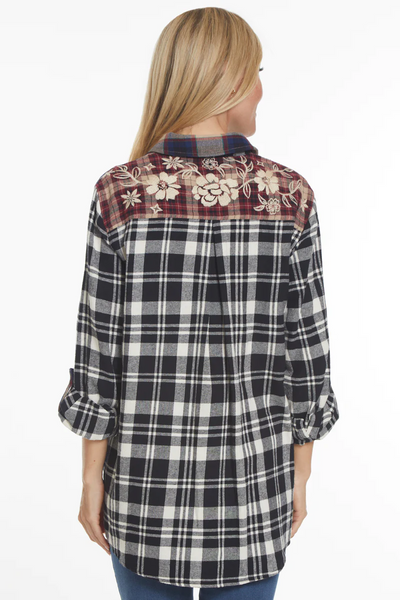 John Mark Embroidered Patchwork Button Blouse - Plaid Multi