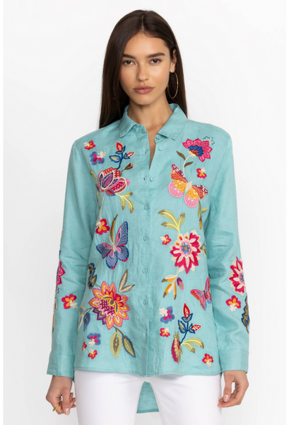 Johnny Was Gracey Linen Button Front Embroidered Shirt - Marine Blue/Multicolor