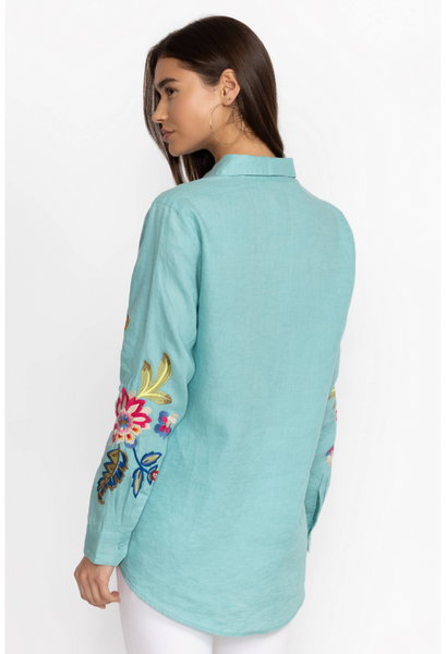 Johnny Was Gracey Linen Button Front Embroidered Shirt - Marine Blue/Multicolor