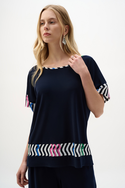 Joseph Ribkoff Silky Knit And Woven Stripe Print Boxy Top - Midnight Blue/Multi
