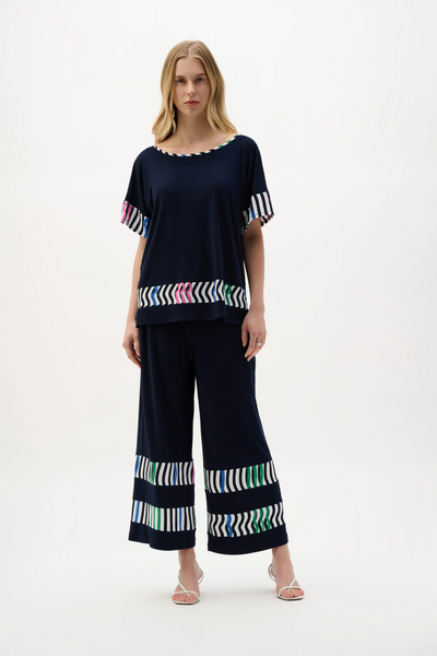 Joseph Ribkoff Silky Knit And Woven Stripe Print Boxy Top - Midnight Blue/Multi