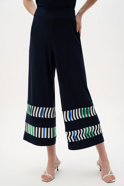 Joseph Ribkoff Silky Knit And Woven Stripe Print Culotte Pants - Midnight Blue/Multi