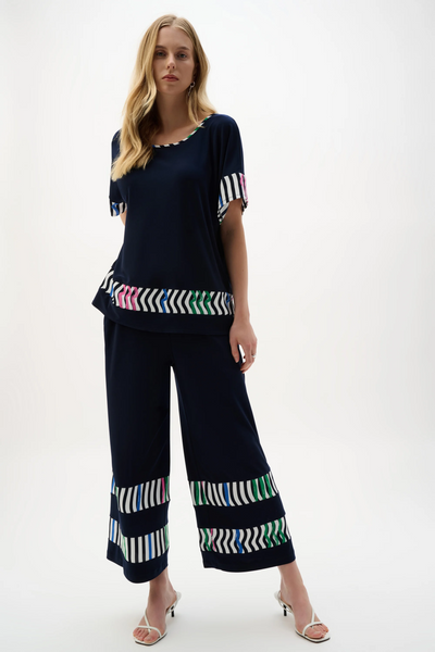 Joseph Ribkoff Silky Knit And Woven Stripe Print Culotte Pants - Midnight Blue/Multi