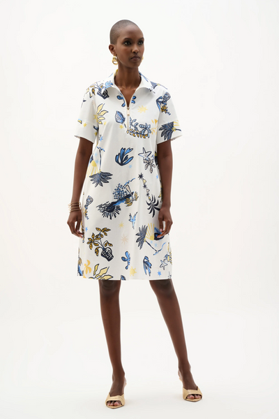 Joseph Ribkoff Stretch Cotton Tropical Print A-Line Dress - Vanilla/Multi