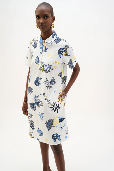 Joseph Ribkoff Stretch Cotton Tropical Print A-Line Dress - Vanilla/Multi