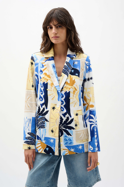Joseph Ribkoff Silky Knit Tropical Print Fitted Blazer - Vanilla/Multi