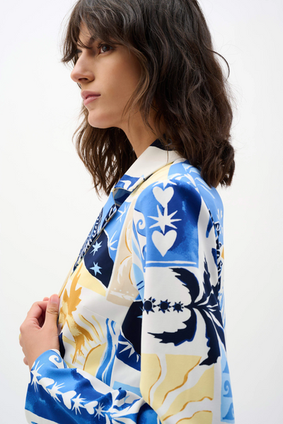 Joseph Ribkoff Silky Knit Tropical Print Fitted Blazer - Vanilla/Multi