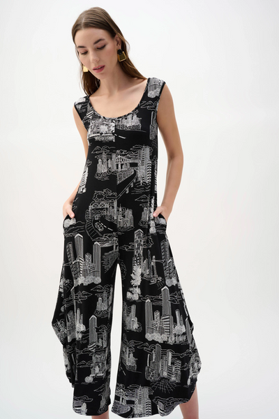Joseph Ribkoff Silky Knit Conversational Print Culotte Jumpsuit - Black/Vanilla