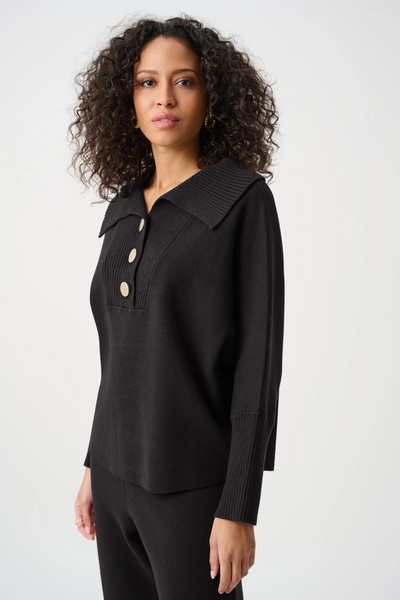 Joseph Ribkoff Button Neck Shawl Collar Dolman Sleeve Sweater - Black