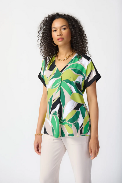 Joseph Ribkoff Pleat Front Silky Short Sleeve Top - Green/Multicolor