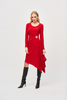 Image of Joseph Ribkoff Silky Knit Asymmetric Midi Dress with Metallic Ornament - Lipstick Red