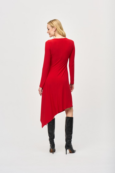 Joseph Ribkoff Silky Knit Asymmetric Midi Dress with Metallic Ornament - Lipstick Red