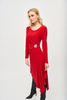 Image of Joseph Ribkoff Silky Knit Asymmetric Midi Dress with Metallic Ornament - Lipstick Red