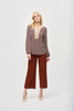 Image of Joseph Ribkoff Faux Suede Trim Silky Knit Print Top - Rust/Beige/Black