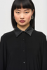 Image of Joseph Ribkoff Faux Leather Trim Silky Knit Button Front Blouse - Black