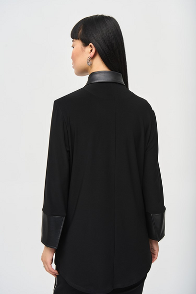 Joseph Ribkoff Faux Leather Trim Silky Knit Button Front Blouse - Black