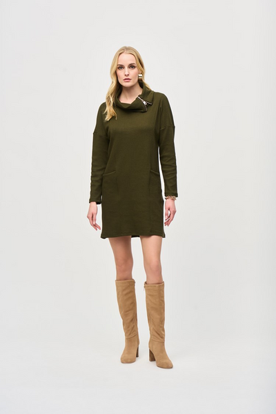 Joseph Ribkoff Zippered Cowl Neck Sweater Dress - Olive Green