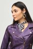 Image of Joseph Ribkoff Metallic Faux Leather Zipper Closure Biker Jacket - Black Currant