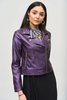 Image of Joseph Ribkoff Metallic Faux Leather Zipper Closure Biker Jacket - Black Currant