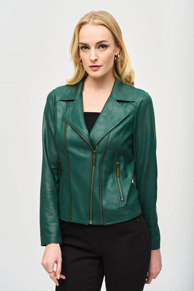 Joseph Ribkoff Foiled Knit Front Zipper Closure Moto Jacket - Absolute Green