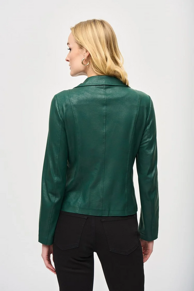 Joseph Ribkoff Foiled Knit Front Zipper Closure Moto Jacket - Absolute Green